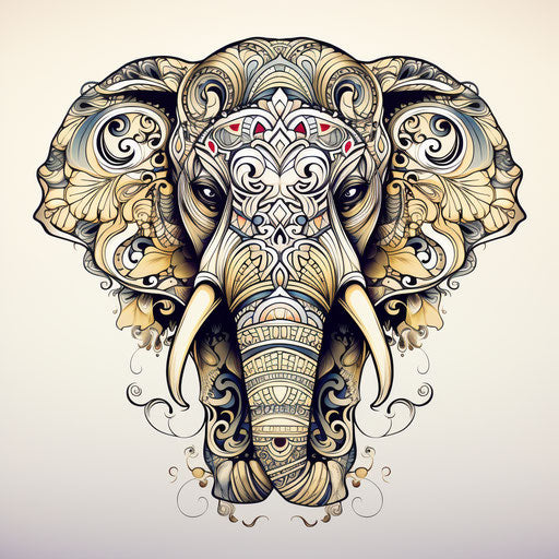 Elephant print coloring page with ominous vibes and engraved ornaments