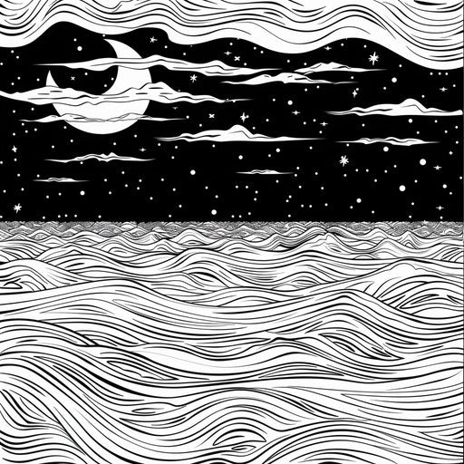 Starry night over calm ocean with waves. Coloring book page