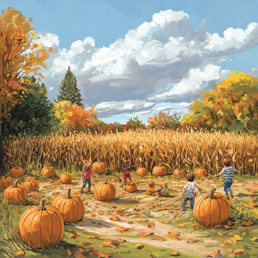 Charming pumpkin patch next to a cornfield, colorful leaves swirling, children playing hide and seek among pumpkins