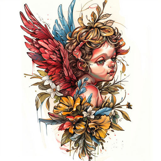 Whimsical cherub tattoo with bright colors