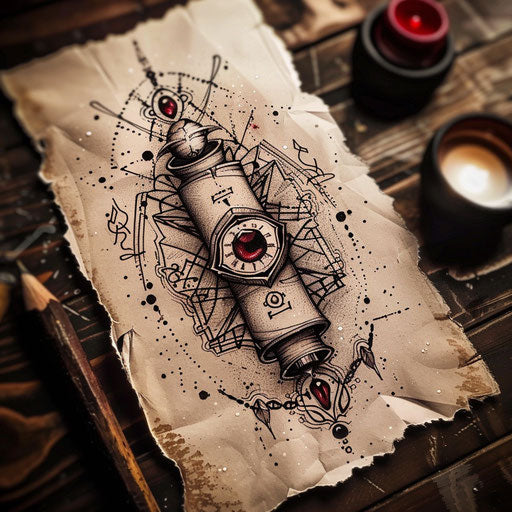 Flat tattoo sketch of a magic scroll unrolled with mysterious inscriptions and seals