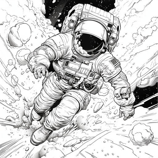 Dynamic astronaut in action, in the style of Mike Zeck, Coloring book page