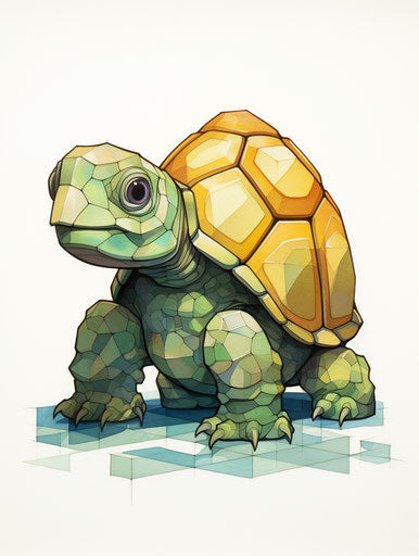 A small turtle on a flat surface, geometric cubism style