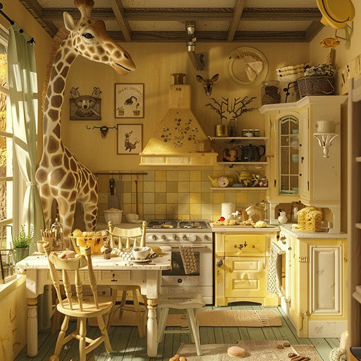 A cozy cottage where a giraffe is baking cookies