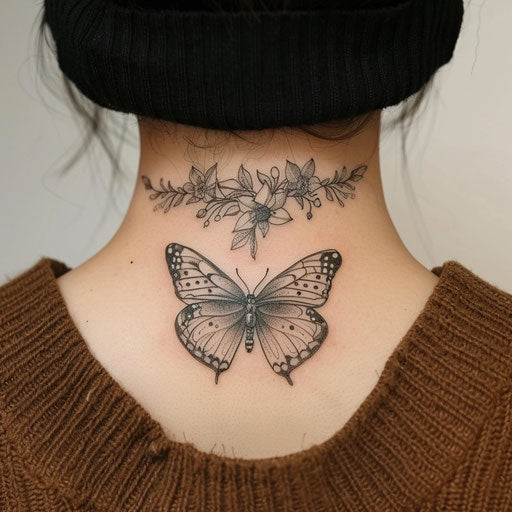 Butterfly neck tattoo with botanical details