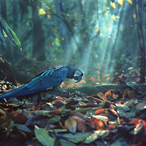Spix's macaw foraging in leaf-covered forest floor