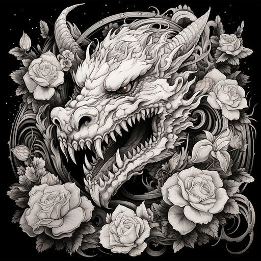 Black and white dragon with flowers, classic tattoo style