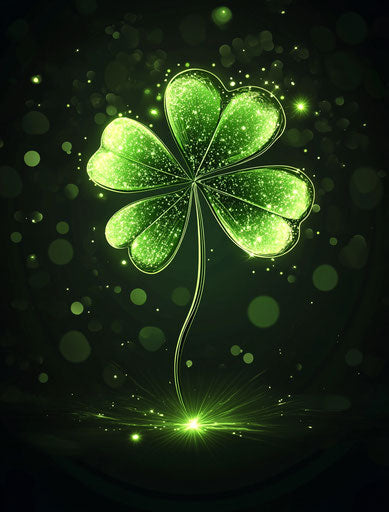 Irish clover glowing green with sparkles, dark background