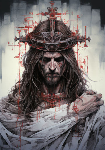 Drawing of Jesus in Crown Tattoo in Dark White and Dark Red Style, Animated GIFs, Precision Painting, Luis Royo, Distorted Bodies