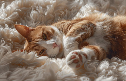 Cat on fluffy carpet, expressive face, maroon color