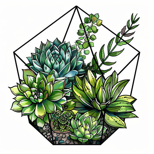 Botanical flat tattoo sketch for succulent variety in geometric terrarium