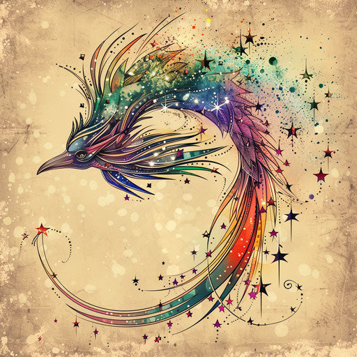 Lively tattoo sketch of a comet with a colorful, sparkling tail in glittery tones