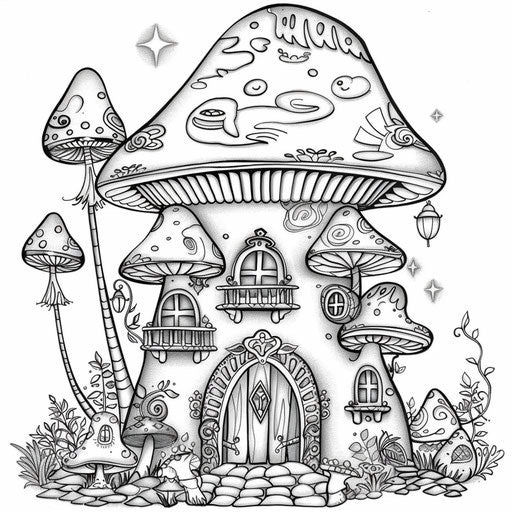 Fantastic mushroom house with whimsical designs and fairy lights