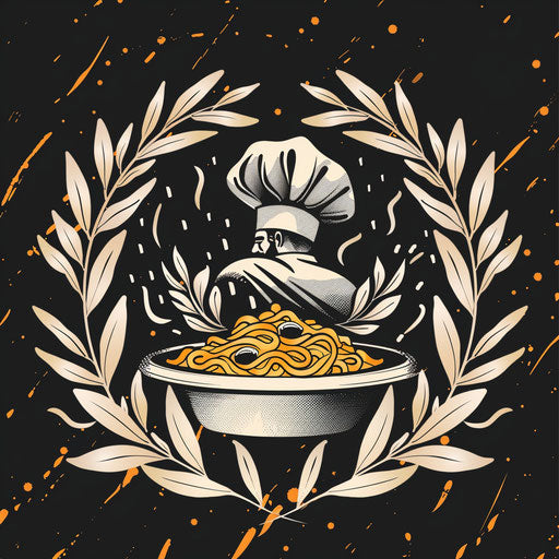 Italian restaurant logo with chef's hat on iconic dish, framed by olive branches.