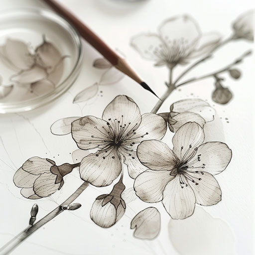 Elegant cherry blossoms in linework, subtle ink wash on white