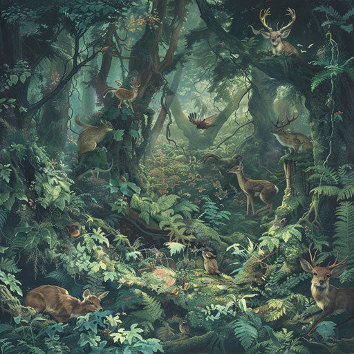 Animals in the understory of a dense, ancient forest