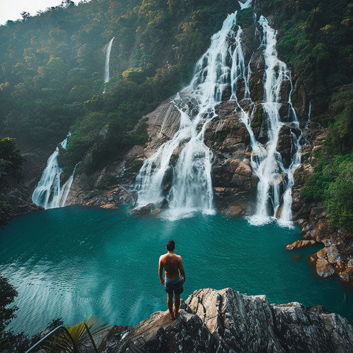 Dudh Sagar Waterfalls with turquoise waters and epic backdrop