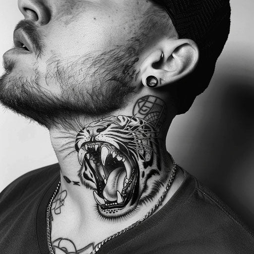Neck tattoo of a fierce tiger for men, Ami James style