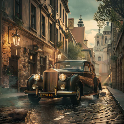 Stylish luxury sedan driving in an old European city street