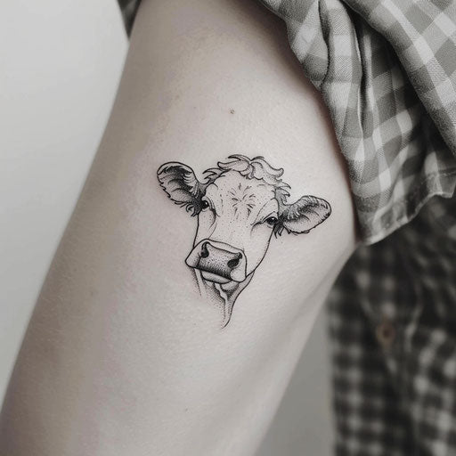 Delicate cow in fine line tattoo, elegant on white background