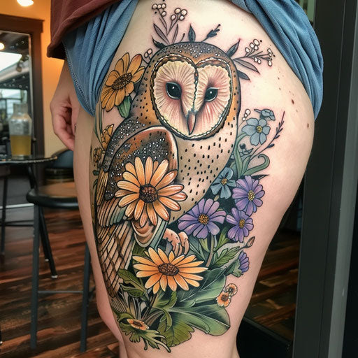 Wildflower tattoo with owl, nighttime colors