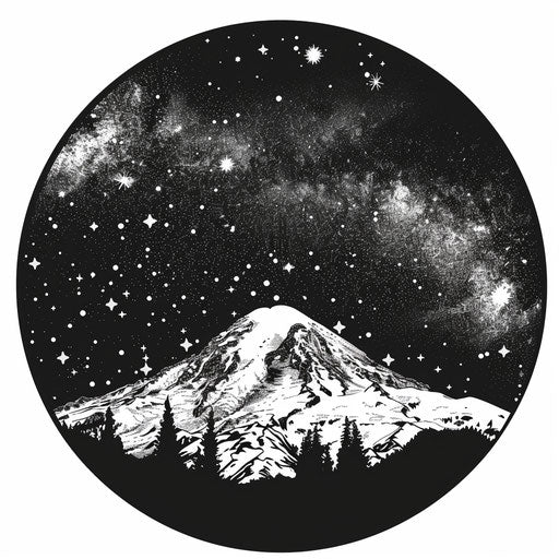 Milky Way Stars Mt. Rainier vector, sticker, black outline, white background