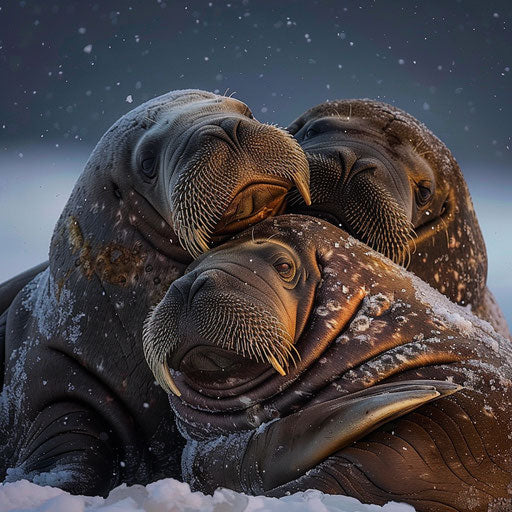 Close-knit family of walrus seals cuddling for warmth