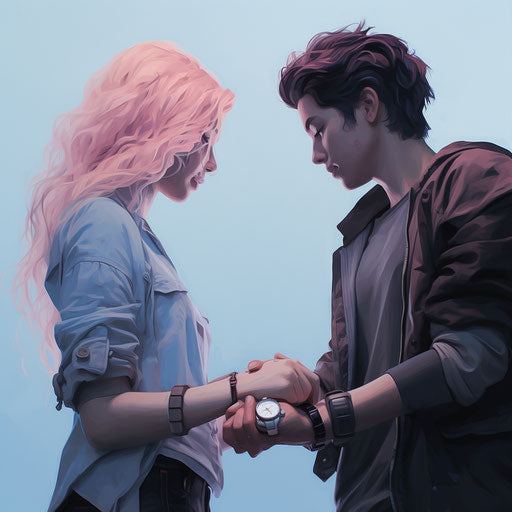 Two people holding hands at the end, pastel goth style