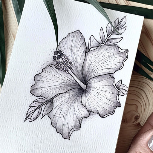 Hibiscus tattoo design in dotwork style on white background