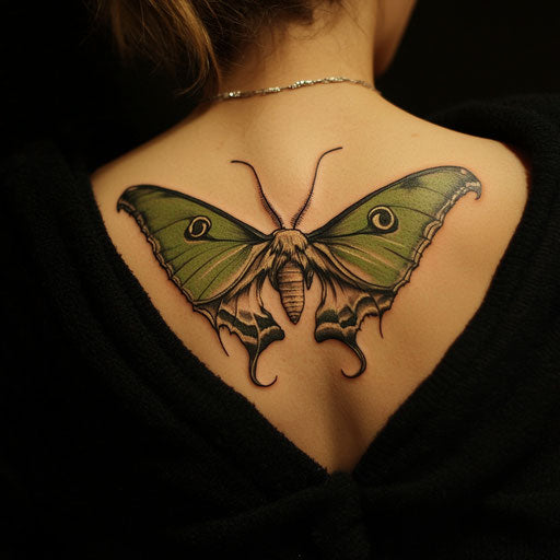 Lunar moth tattoo in the style of Gerald Brom on lower back