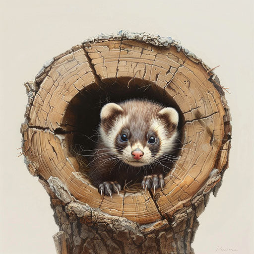 A ferret peeking from a hollow log