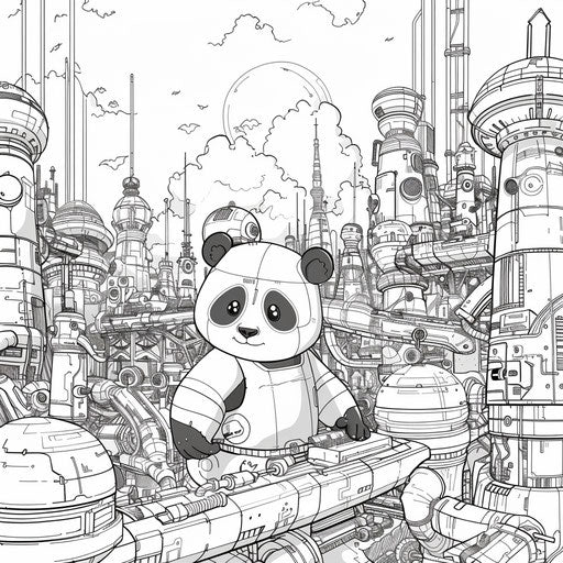 Cute panda exploring a futuristic landscape, Hideo Kojima style