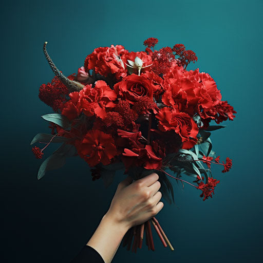 Christmas bouquet flowerpunk style, dark aquamarine and red