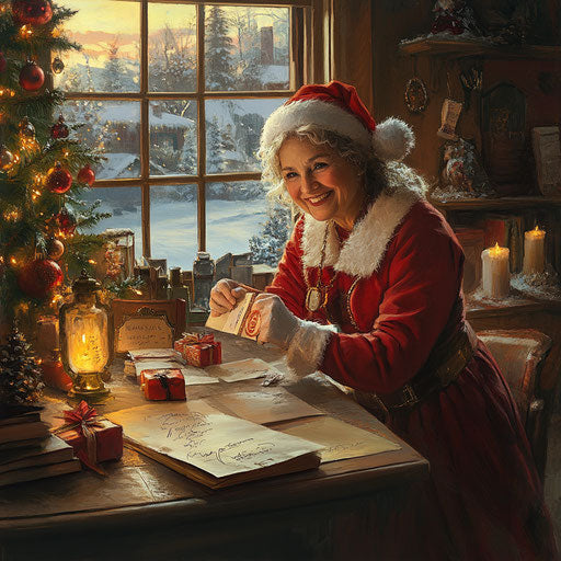 Mrs. Claus at the local post office, stamping letters to Santa with a special North Pole seal.
