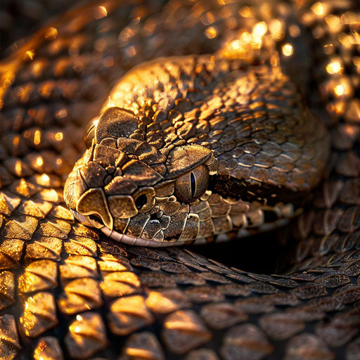 Intricate scales of a rattlesnake highlighted by the golden light of the setting sun