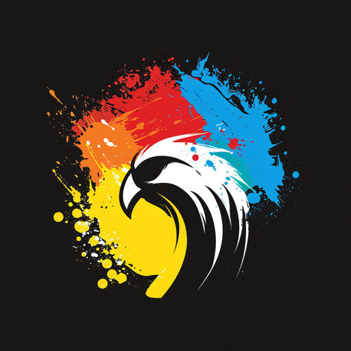 Modern logo in white and black with a colorful splash background