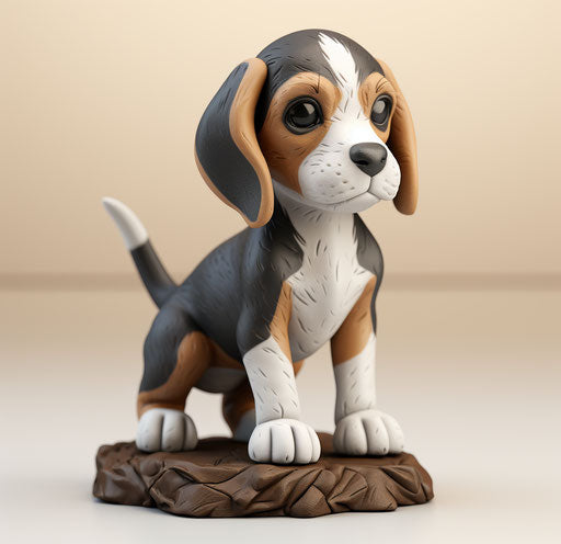 Beagle puppy: dark navy and light brown, white and pink style, exaggerated nobility