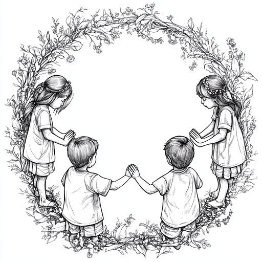 Children holding hands in prayer circle, Teagan White style, coloring page