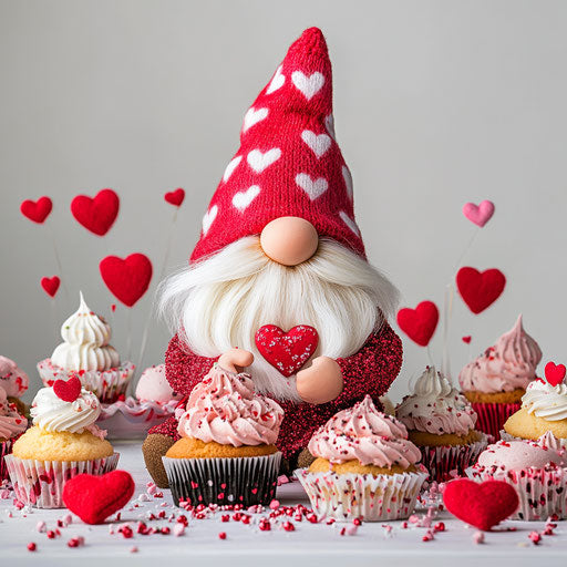 Valentine's Day, a gnome in a red and pink hat with hearts, making cupcakes on a table full of Valentine's Day decorations against a white background.