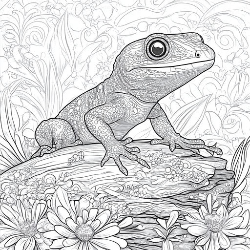 Serene gecko with detailed background, Stephen Wiltshire style, Coloring book page