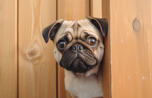 Small pug by door, exaggerated features, joyful
