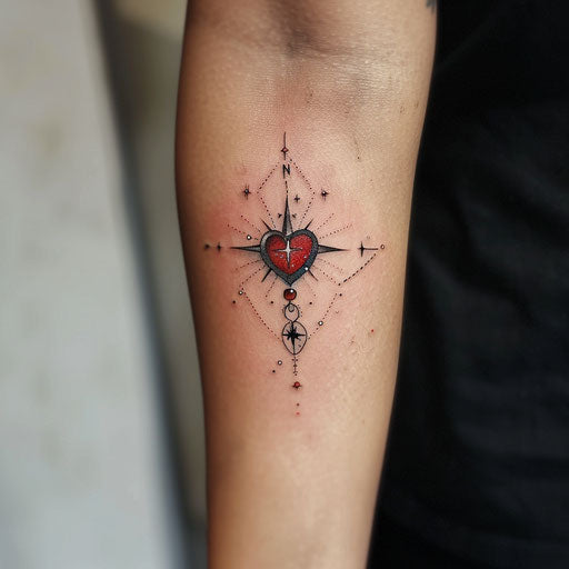 True north tattoo with heart-shaped compass, vibrant red and black, on white background