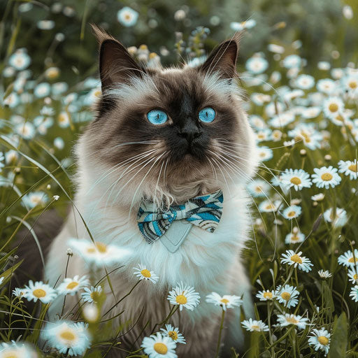 Himalayan cat with cute bow tie sitting in a field of daisies