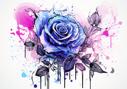 Rose drawing in violet and blue, detailed style, graphic background elements, black outlines, pointillist color dots, light white, light purple, tattoo, line drawing style, flowerpunk 10:7