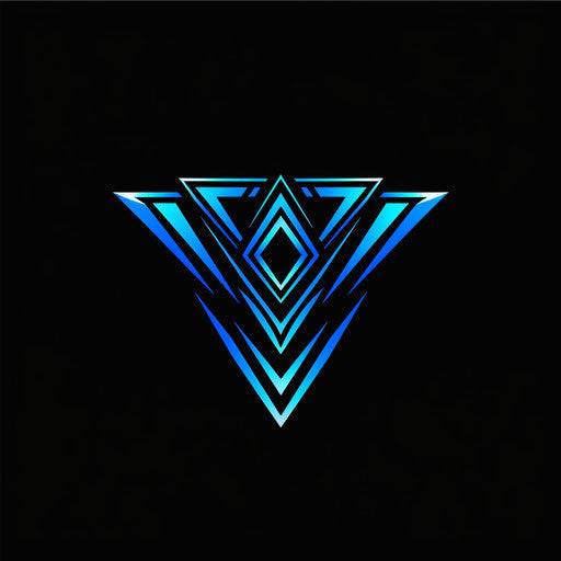 Brand logo with futuristic elements, neon blue and black colors