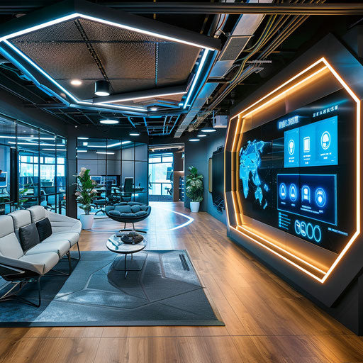 Futuristic fintech company office with innovative technology and modern decor