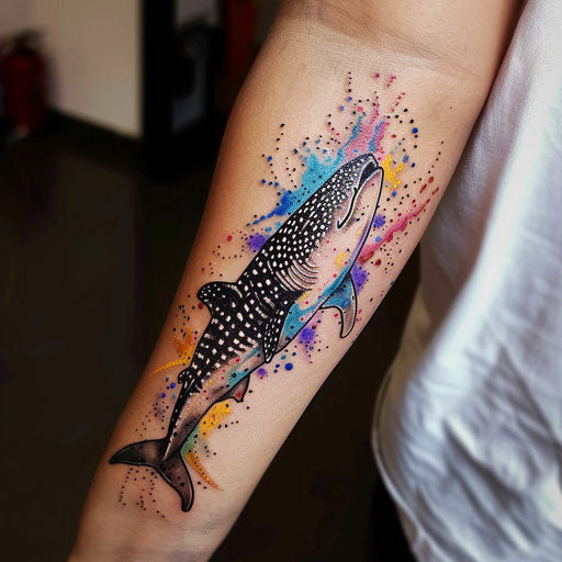 Artistic flat tattoo sketch of a whale shark with watercolor splashes representing the sea