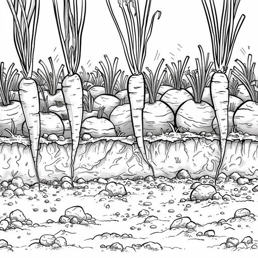 Carrot patch with various sizes - Coloring book page