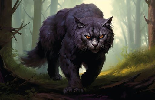 Grey cat walking by trees, dark silver and light magenta style