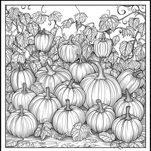 Stylized pumpkin patch, coloring book page